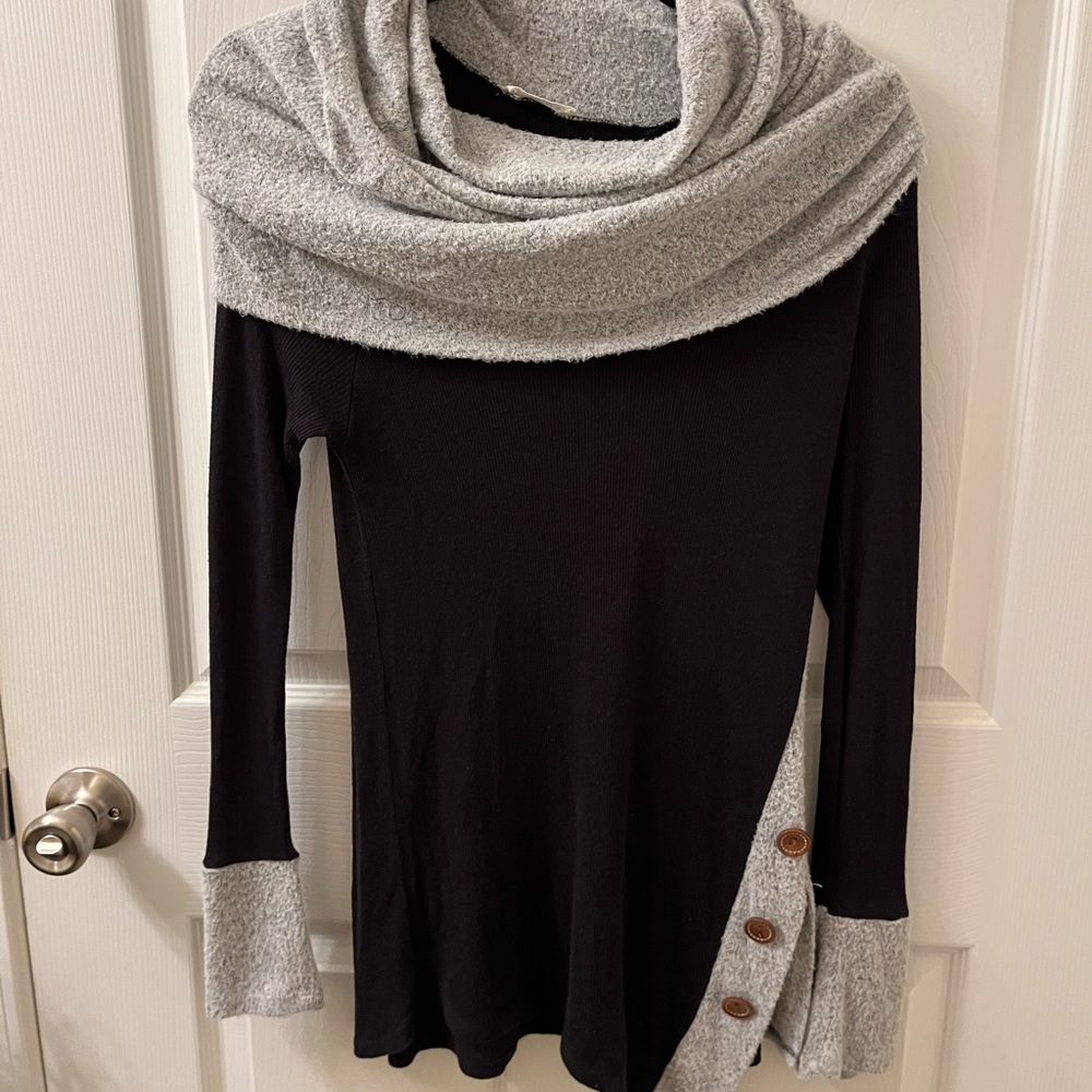 Black and Gray Scarf Neck Sweater with Buttons